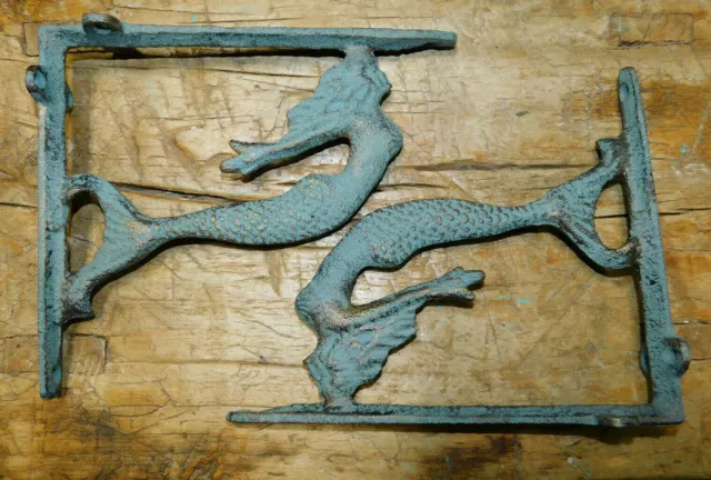 2 Cast Iron NAUTICAL FLYING MERMAID Brackets Garden Braces Shelf Bracket