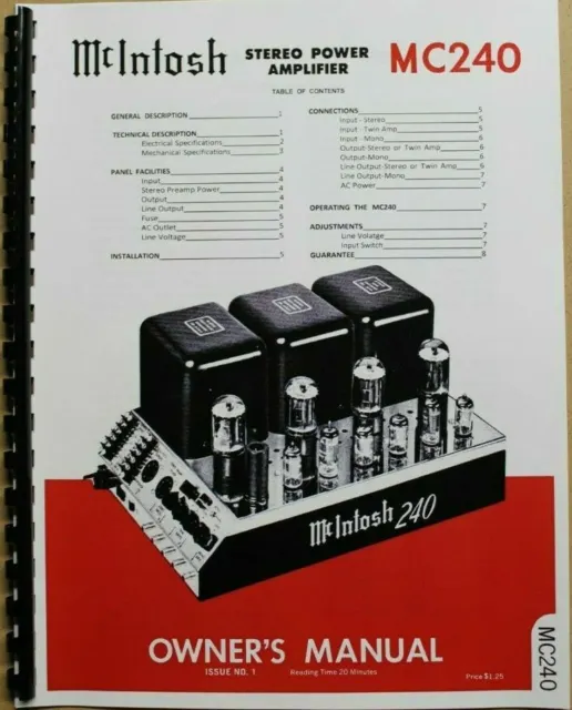*Usa* Ultimate Mcintosh Mc240 Owner's Manual / Maintenance Manual