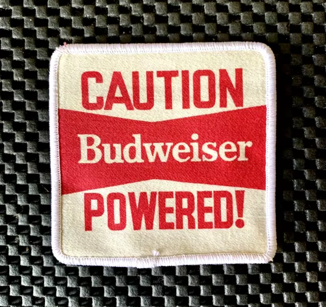 CAUTION BUDWEISER POWERED PRINTED SEW ON ONLY PATCH BEER LAGER 3 1/4" x 3" NOS