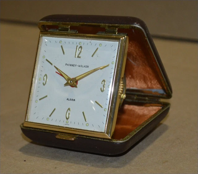 Vintage Brown Phinney-Walker Clamshell Traveling Alarm Clock Radium Dial Japan