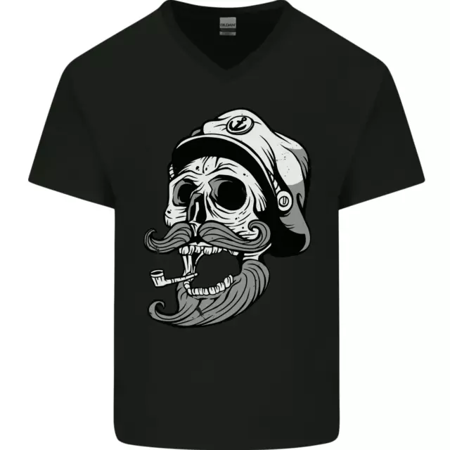 Old Sailor Skull Sailing Captain Mens V-Neck Cotton T-Shirt