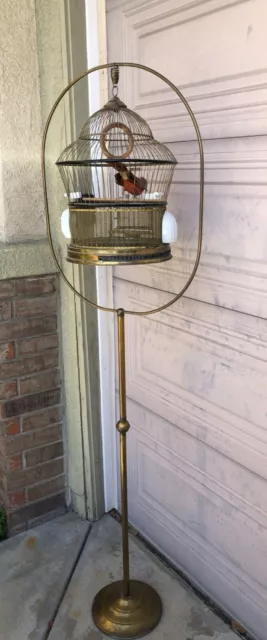 Antique Hendryx Brass Bird Cage With Original Stand & Original Swing 61”