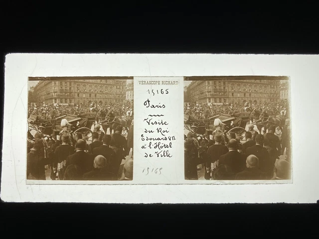 PARIS VISITE ROI EDOUARD VII PLAQUE VERRE 45x107 VUE STEREOSCOPIQUE VERASCOPE