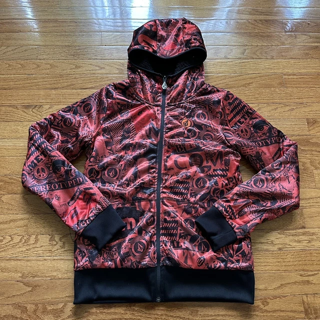 Volcom Black Sherpa Lined/Scarlet Red AOP Reversible Hoodie Size Large