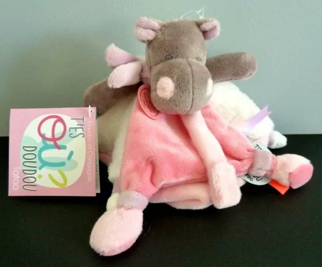 DC1. DOUDOU ET COMPAGNIE T'ES OU HIPPOPOTAME VACHE ROSE BLANC TAUPE 16cm - NEUF 2