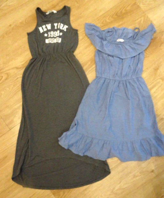 H&M girls 2 pack summer dresses blue grey maxi midi AGE 8 - 9 YEARS excellent