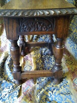 Stunning Vintage Oak Joint Stool Carved Friezes All Round Turned Supports 2 3