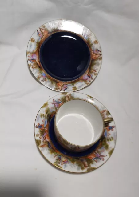 Antique Austrian Royal Vienna Sevres Style Tea Cup Saucer plate Cobalt Blue 3pcs 3