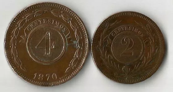 PARAGUAY. Jolie 4 Centesimos 1870 et Uruguay 2 centesimos 1869. Chouette paire