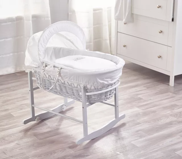 Sleepy Little Owl White Wicker Moses Basket With Grey Rocking Stand And Mattress