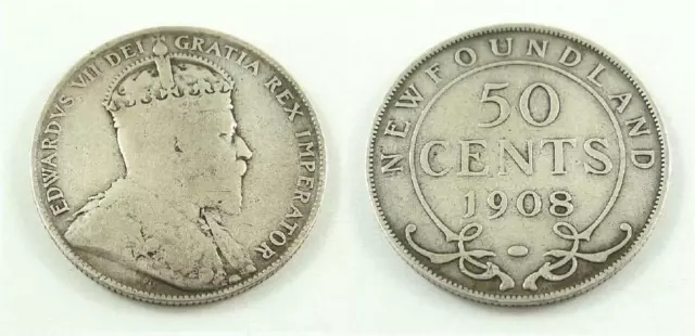 1908 Newfoundland (Canada) 50 Cents Silver Coin - King Edward VII