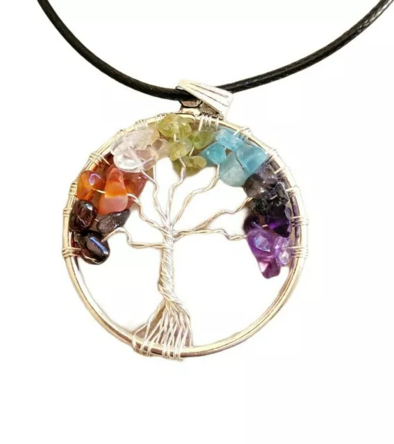 7 Chakra Genuine Gemstone Tree of Life Circle Pendant Healing Energy Necklace