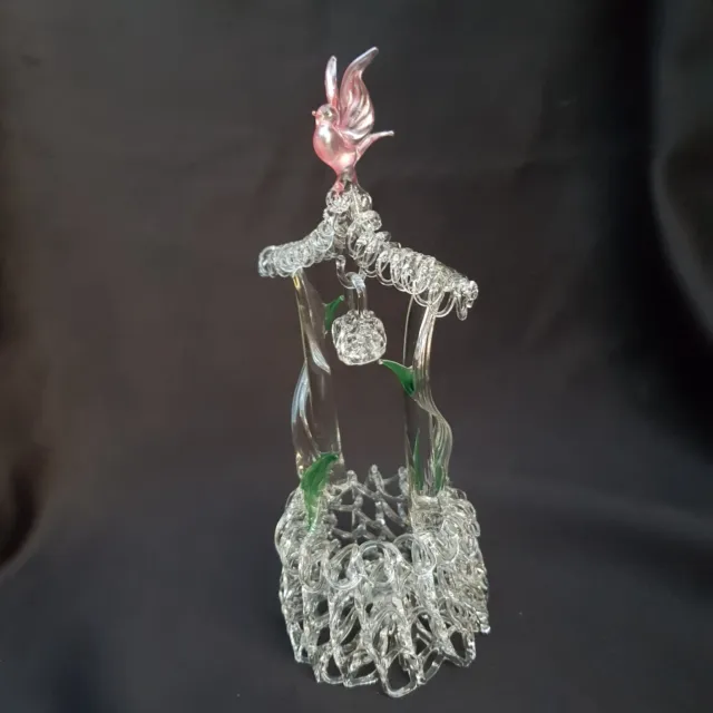 Vintage Hand Blown Spun Glass Art Figurine Bird on wishing well basket romantic