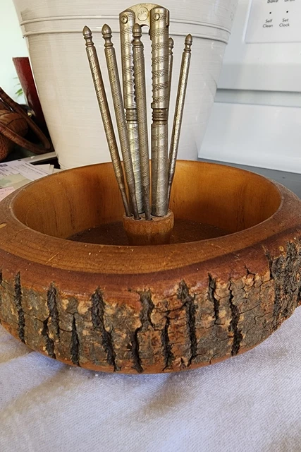 Vintage Mid Century Real Wood and Bark Bowl Nut Cracker Set w Pick Tools