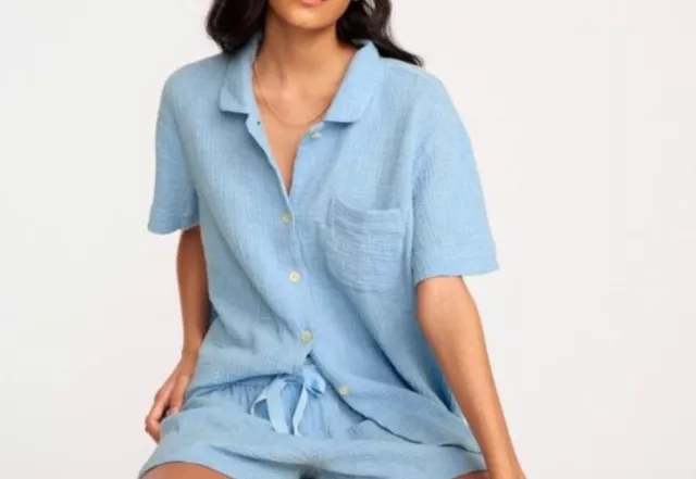 J CREW Women's Blue Soft Gauze Short-Sleeve Pajama Top Cotton Button Down Size L