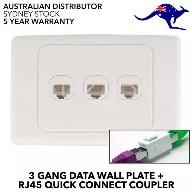 3 Gang Port Data Clipsal Style Wall Plate with RJ45 Cat6 8P8C LAN with Coupler