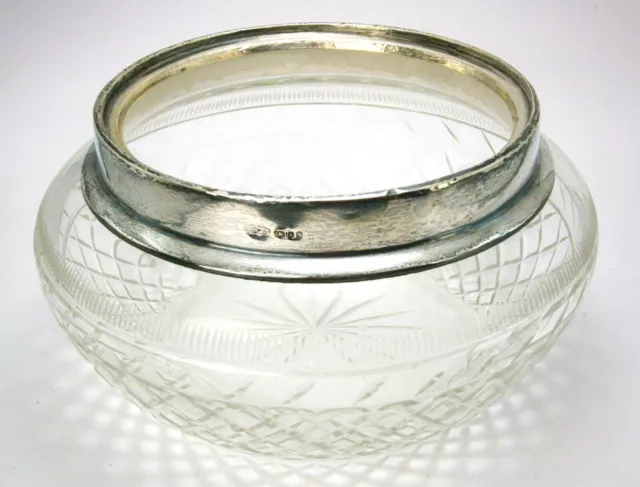 Vintage Cut Glass Bowl with Sterling Silver Rim made in England, London hallmark