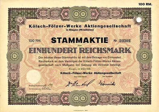Lot 10x KÖLSCH-FÖLZER Werke AG Siegen Aktie 1932 Reichwald Siegerland Walzen NRW