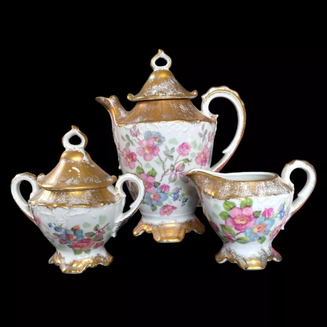 Limoges Hand Painted Cabbage Rose Coffee Set 3 Pieces-Pot, Creamer & Sugar Bowl