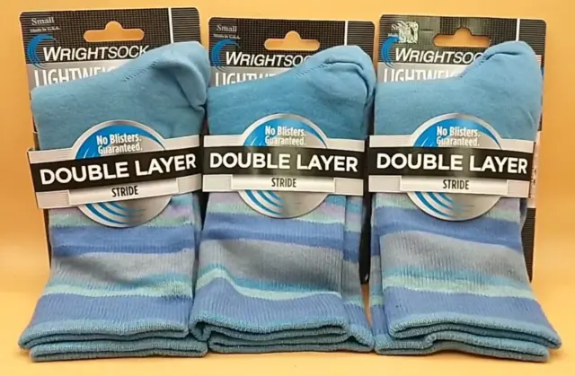 Wrightsock Stride Anti-Blister Crew Socks SMALL BlueMist Stripes Pack of 3 Pairs