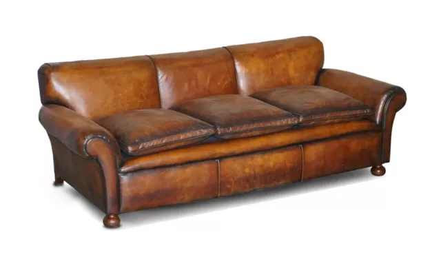 Restored Hand Dyed Brown Leather Antique Victorian 3 - 4 Seat Sofa Feather Seats