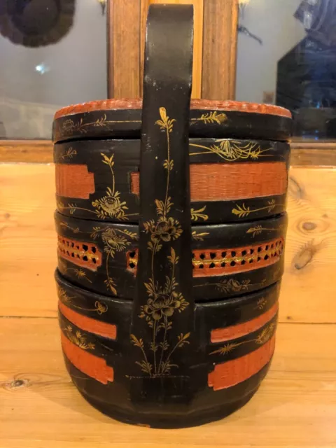 Vintage Lacquered Red And Black Chinese Wedding Basket Box Three Tiers.