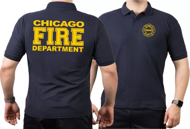 CHICAGO FIRE Dept. volle gelbe Schrift, navy Polo