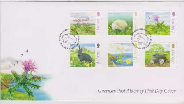 GB - ALDERNEY 2015 Flora & Fauna SG A545-A550 FDC FLOWERS ANIMALS HEDGEHOG MOLE