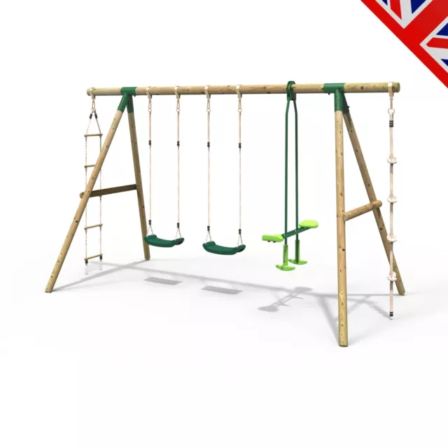 Rebo Saturn 4 In 1 Wooden Garden Swing Set Double Swing Glider Rope & Ladder