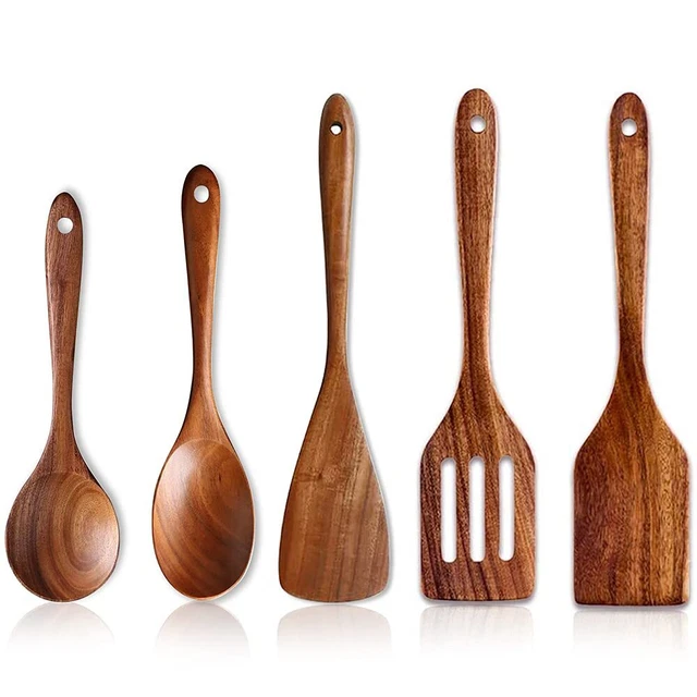 YWDL-Cuillère De Cuisine En Teck Naturel,spatule En Bois,ensemble D