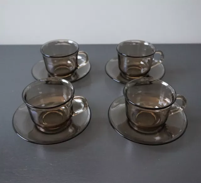 Arcoroc France Tea Coffee Cups and Saucers Smoke Brown 8 Pieces MCM Vintage