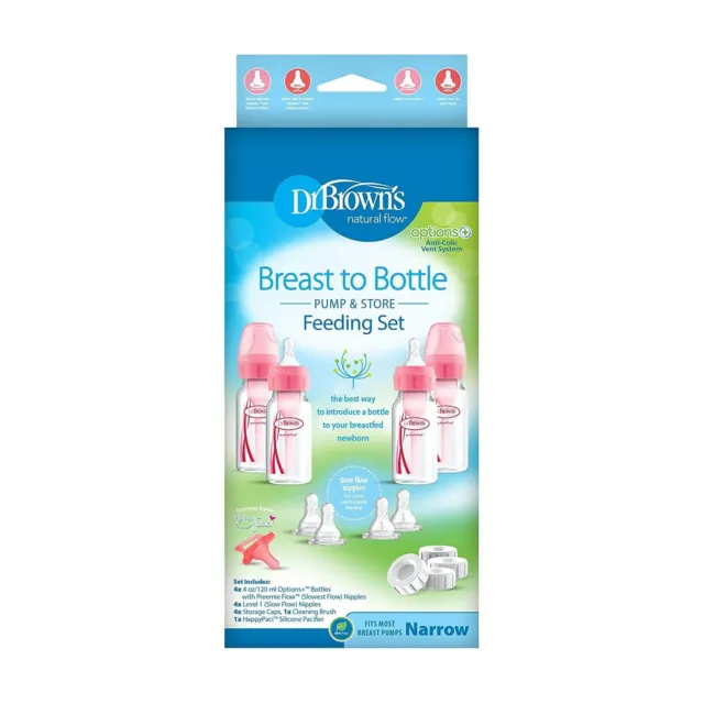 Dr Browns Breast to Bottle Pump & Store Feeding Set 4 x Bottles Nipples