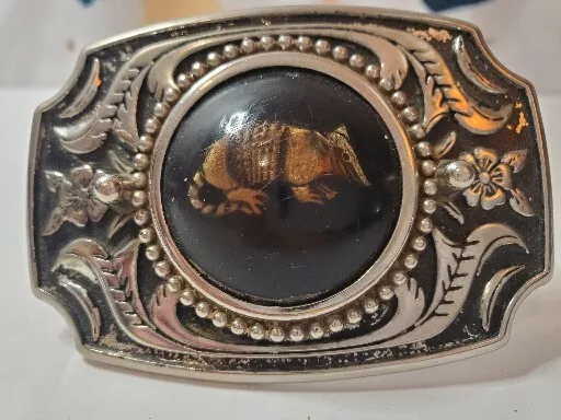 Vintage Silver Black Metal Floral Round Resin Armadillo Belt Buckle BRD2