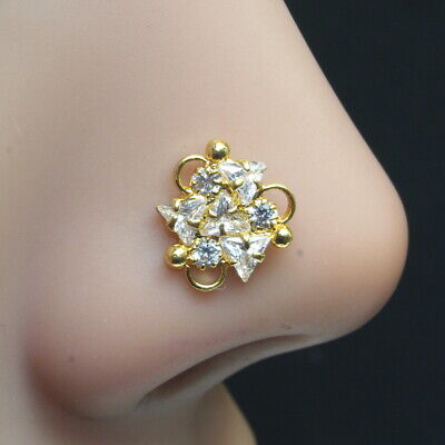 Floral 16g Indian Nose ring White CZ gold plated Nose stud push pin