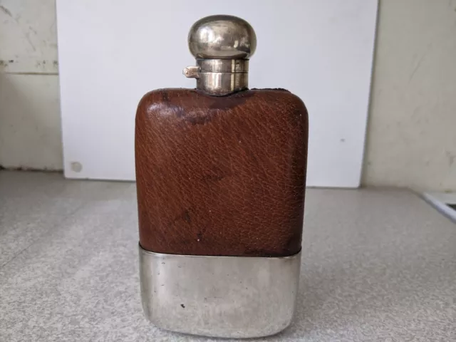 Lovely Large Vintage  Leather & Silver Plated Hip Flask- 6 3/4 Inch