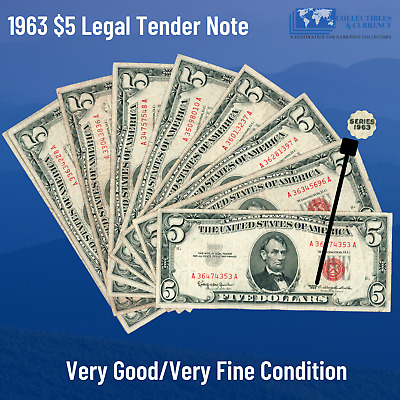 ✔ One 1963 Red Seal $5 Legal Tender Notes, VG/VF, Old US FIVE Dollars Bill