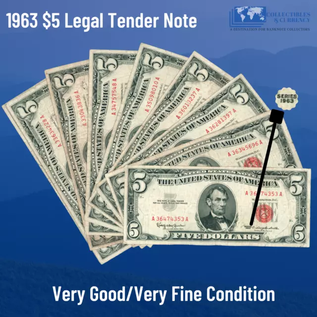 ✔ One 1963 Red Seal $5 Legal Tender Notes, VG/VF, Old US FIVE Dollars Bill