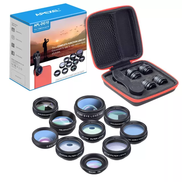 10-in-1 Cell Phone Camera Lens Kit for iPhone Android Universal Clip On Phone