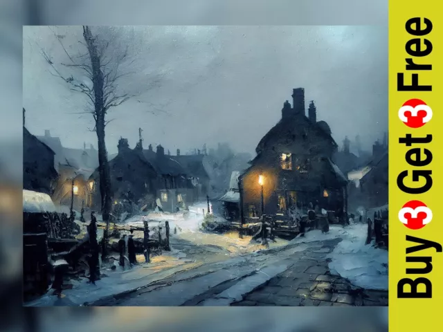 Classic Winter Village Art Print 5" x 7" - Snowy Evening Street Scene Matte