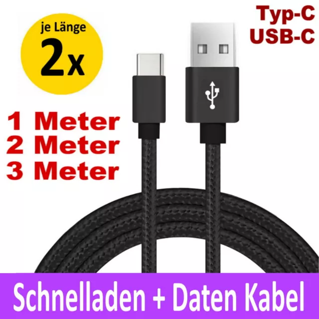 2x USB Typ C Ladekabel Kabel Schnell Handy Datenkabel 1m 2m 3m Samsung Huawei Gu 2