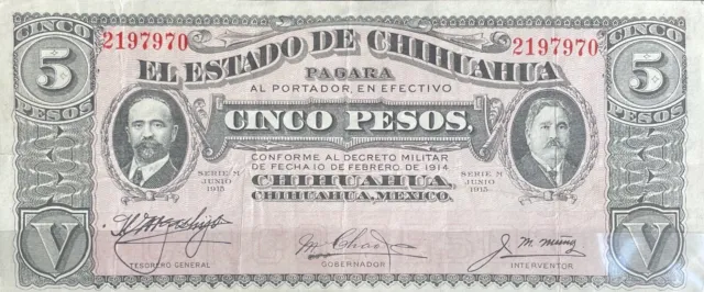 México 5 Pesos Ef Paper Banknote 1914 (Chihuahua) Revolutionary Period