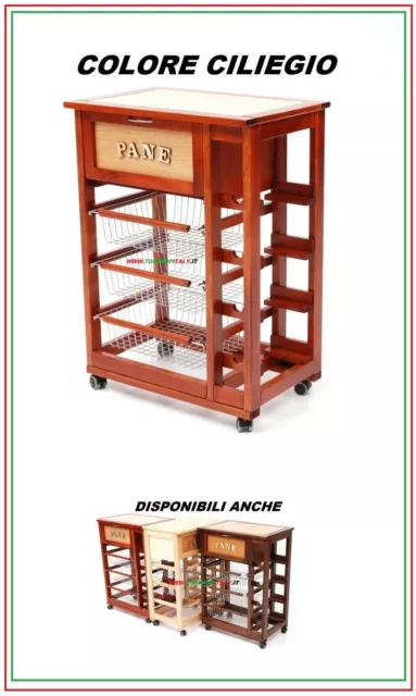 Carrello Legno Ciliegio C/Porta Pane + 3 Cestelli + Porta Bottiglie Scritta Pane