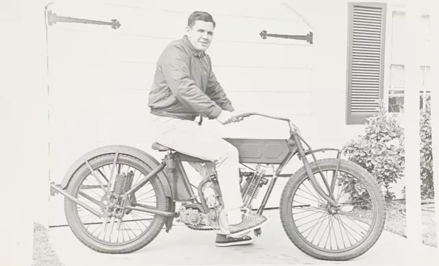 1960s Man Riding Sitting On Indian Motorcycle Bike Art Long Bars Vintage Photo