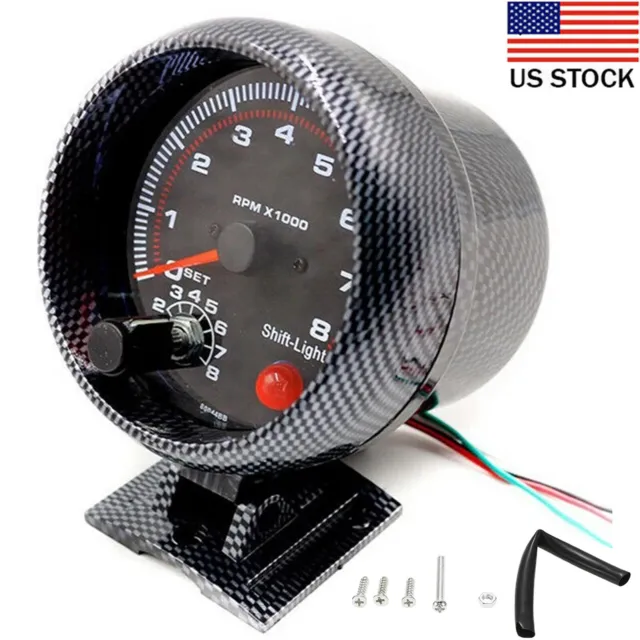3.75''Car Universal Tachometer Carbon Fibre Tacho Gauge Shift Light 8000RPM Z0K2