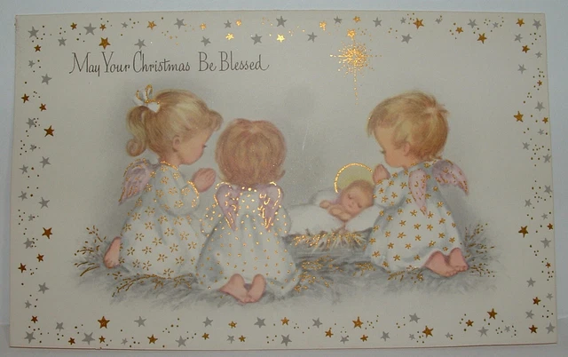 UNUSED - Gold Accents - Baby Jesus, Little Angels -1960's Vintage Christmas Card