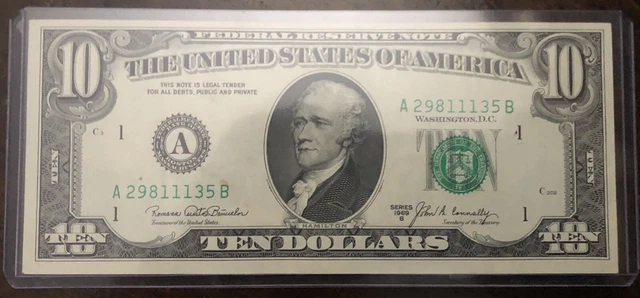 1969 B Ten Dollar Federal Reserve Note 10 Dollar Bill US FRN UNC