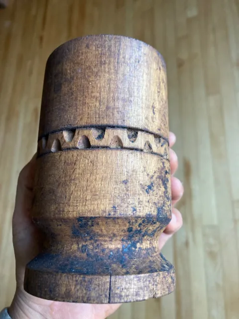 Antique Primitive 19th C Carved Wooden Utensil Holder w/ 3 Old Horn Spoons