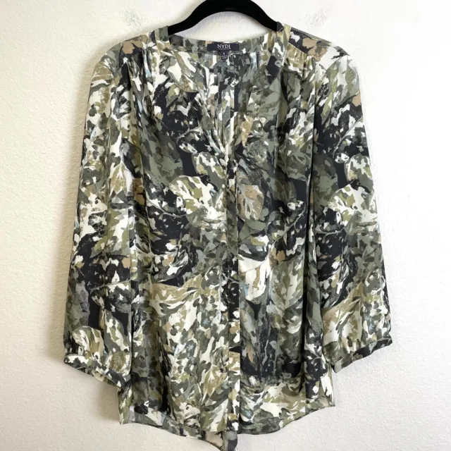 NYDJ Womens Small Camo Pullover Blouse 3/4 Sleeve Shirt Top Pleated Back