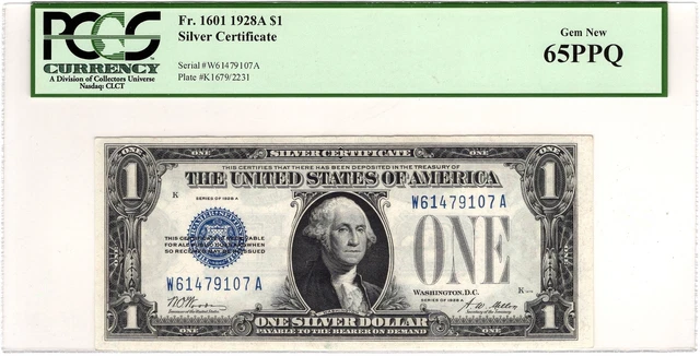 $1 1928-A Silver Certificate Fr#1601 Funnyback PCGS Currency Gem New 65PPQ