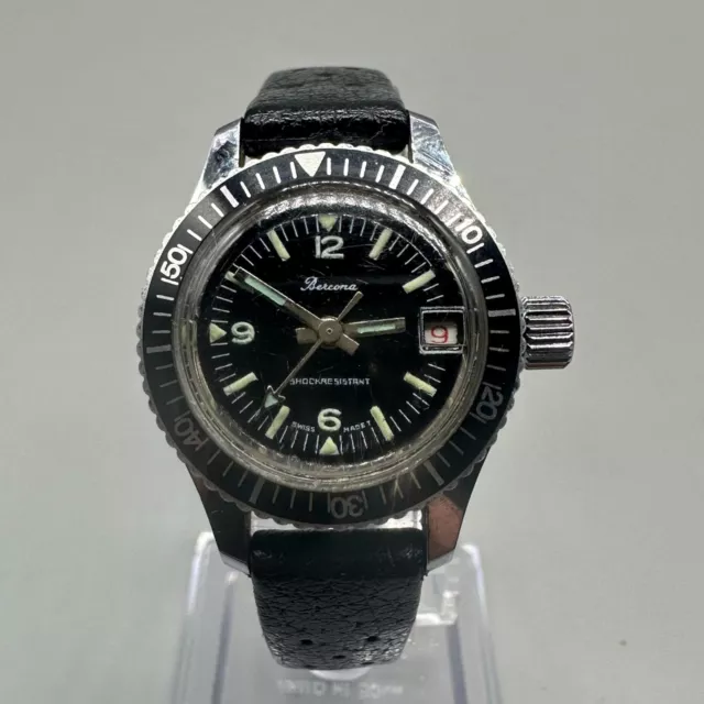 Vintage Bercona Diver Watch Men Silver Tone Black Dial Date Manual Wind 7.5"